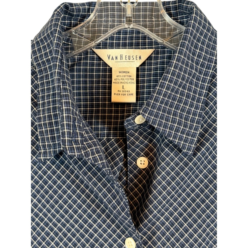 Van Heusen Womens Navy Blue White Grid Button Down Shirt •L• L/S Coastal Grandma